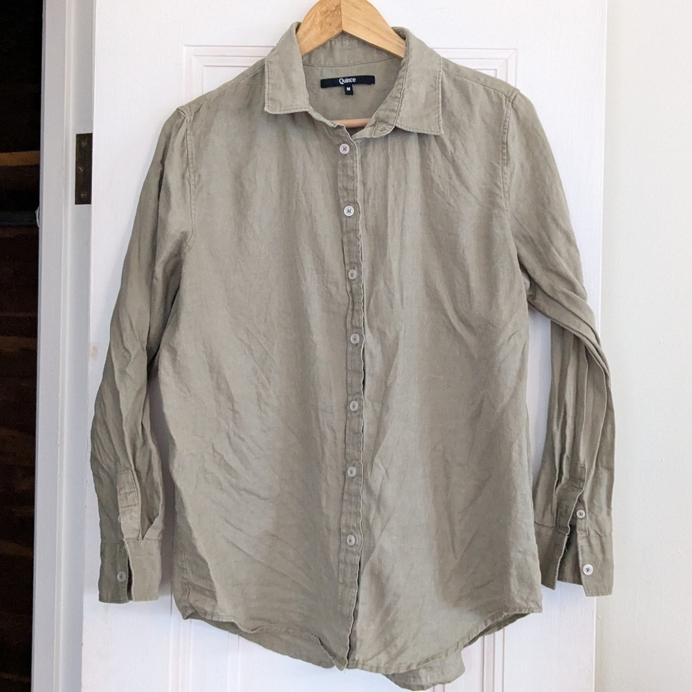 Quince European Linen Button-Down Shirt in washed olive green size M